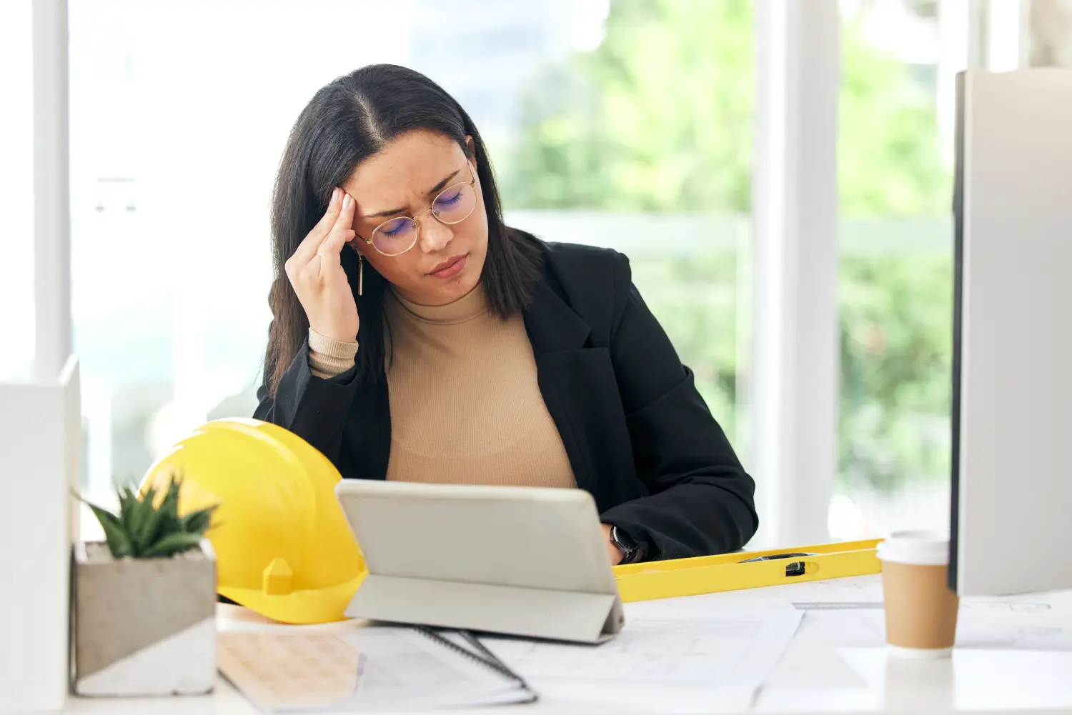 Kopfschmerzen, Burnout bei Architekten und Stress bei Frauen wegen Entwicklungsprojekt, Grundriss oder Arbeit.